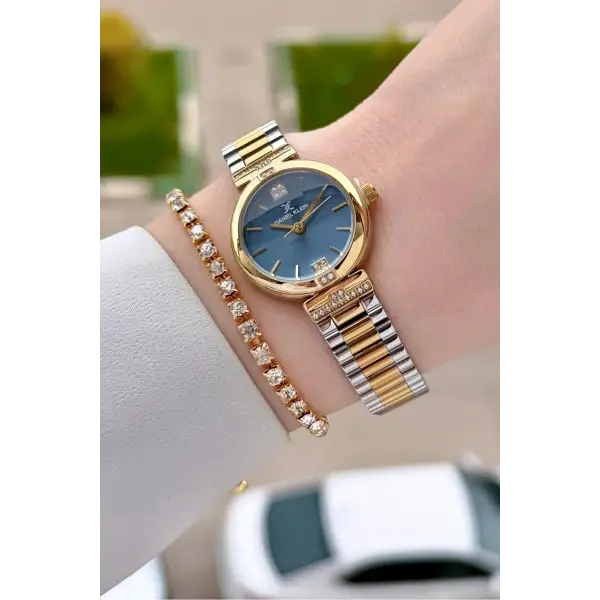 Kadranı Mavi Kordonu Gold Gümüş Renk 26 Mm Kadın Kol Saati ve Bileklik