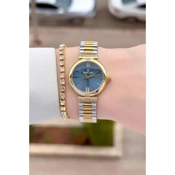 Kadranı Mavi Kordonu Gold Gümüş Renk 26 Mm Kadın Kol Saati ve Bileklik