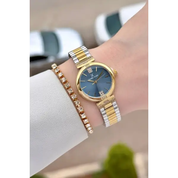 Kadranı Mavi Kordonu Gold Gümüş Renk 26 Mm Kadın Kol Saati ve Bileklik