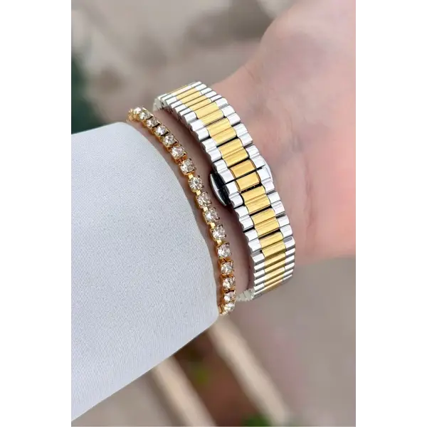 Kadranı Mavi Kordonu Gold Gümüş Renk 26 Mm Kadın Kol Saati ve Bileklik