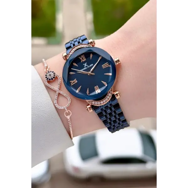 Kasası Rose Kordonu Lacivert Renk 30 Mm Kadın Kol Saati ve Bileklik