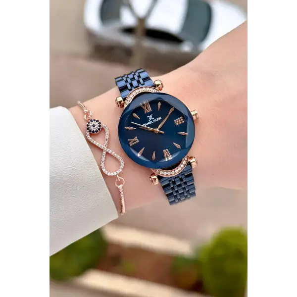 Kasası Rose Kordonu Lacivert Renk 30 Mm Kadın Kol Saati ve Bileklik