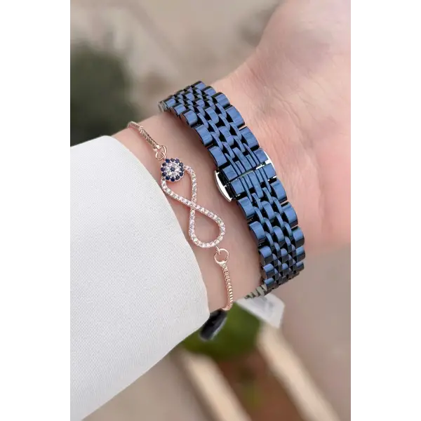 Kasası Rose Kordonu Lacivert Renk 30 Mm Kadın Kol Saati ve Bileklik