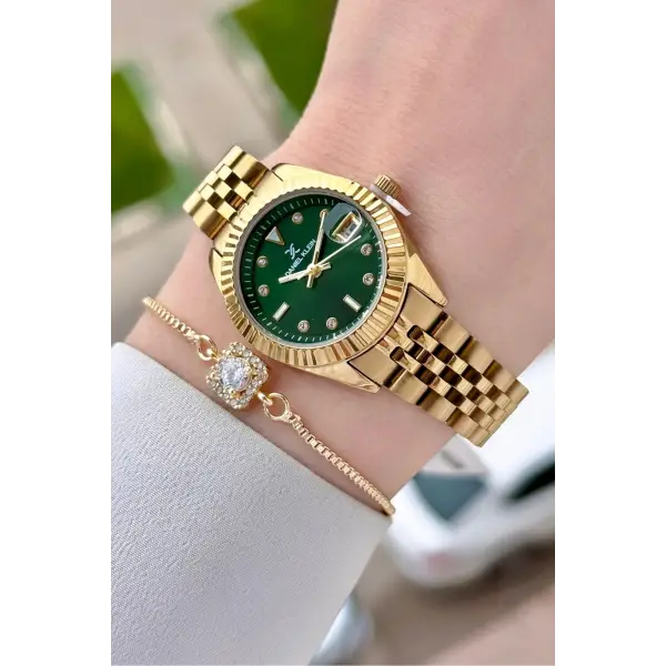 Kadranı Yeşil Kordonu Gold Renk 28 Mm Kadın Kol Saati ve Bileklik