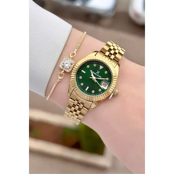 Kadranı Yeşil Kordonu Gold Renk 28 Mm Kadın Kol Saati ve Bileklik
