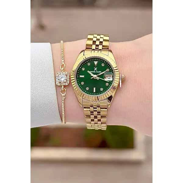 Kadranı Yeşil Kordonu Gold Renk 28 Mm Kadın Kol Saati ve Bileklik