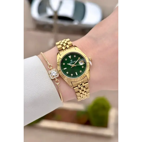 Kadranı Yeşil Kordonu Gold Renk 28 Mm Kadın Kol Saati ve Bileklik
