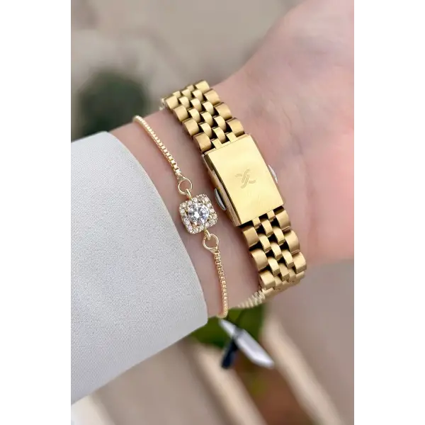 Kadranı Yeşil Kordonu Gold Renk 28 Mm Kadın Kol Saati ve Bileklik