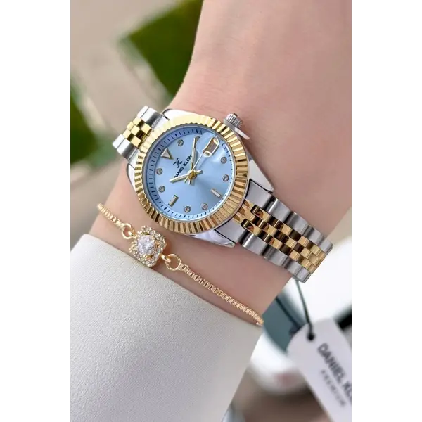 Kadranı Mavi Kordonu Gold Gümüş Renk 28 Mm Kadın Kol Saati ve Bileklik