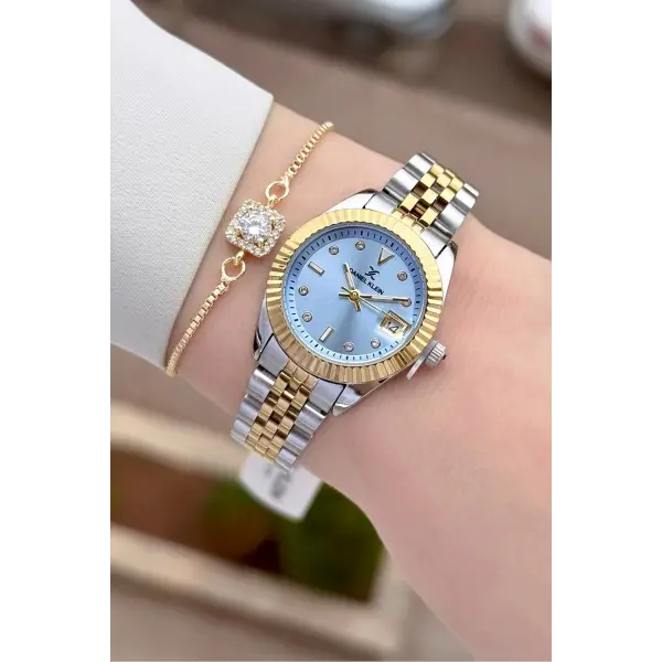 Kadranı Mavi Kordonu Gold Gümüş Renk 28 Mm Kadın Kol Saati ve Bileklik