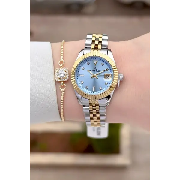 Kadranı Mavi Kordonu Gold Gümüş Renk 28 Mm Kadın Kol Saati ve Bileklik