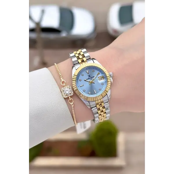 Kadranı Mavi Kordonu Gold Gümüş Renk 28 Mm Kadın Kol Saati ve Bileklik