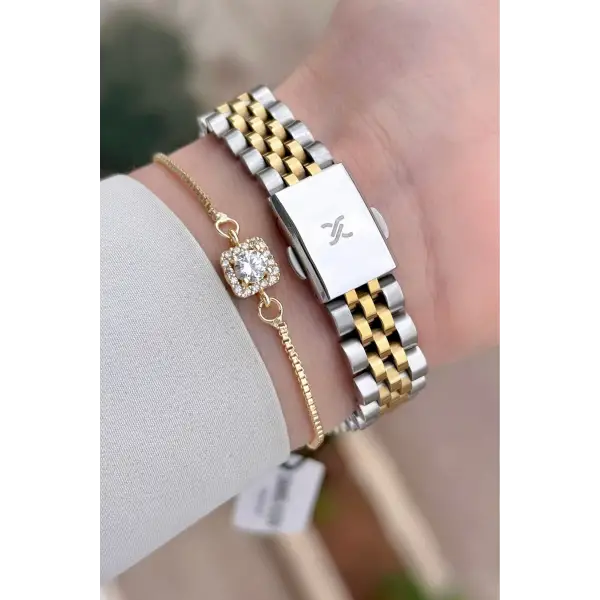 Kadranı Mavi Kordonu Gold Gümüş Renk 28 Mm Kadın Kol Saati ve Bileklik