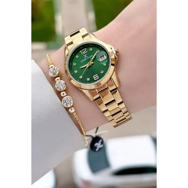 Kadranı Yeşil Kordonu Gold Renk 28 mm Kadın Kol Saati ve Bileklik