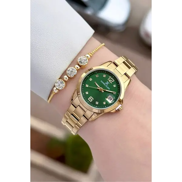 Kadranı Yeşil Kordonu Gold Renk 28 mm Kadın Kol Saati ve Bileklik