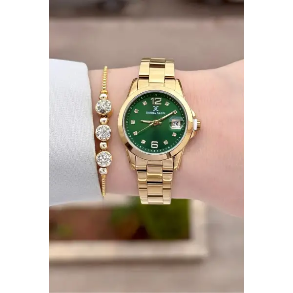 Kadranı Yeşil Kordonu Gold Renk 28 mm Kadın Kol Saati ve Bileklik