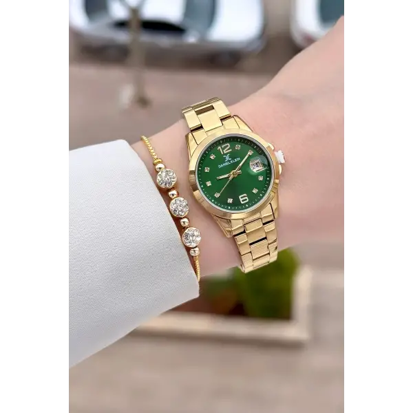 Kadranı Yeşil Kordonu Gold Renk 28 mm Kadın Kol Saati ve Bileklik