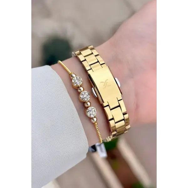 Kadranı Yeşil Kordonu Gold Renk 28 mm Kadın Kol Saati ve Bileklik