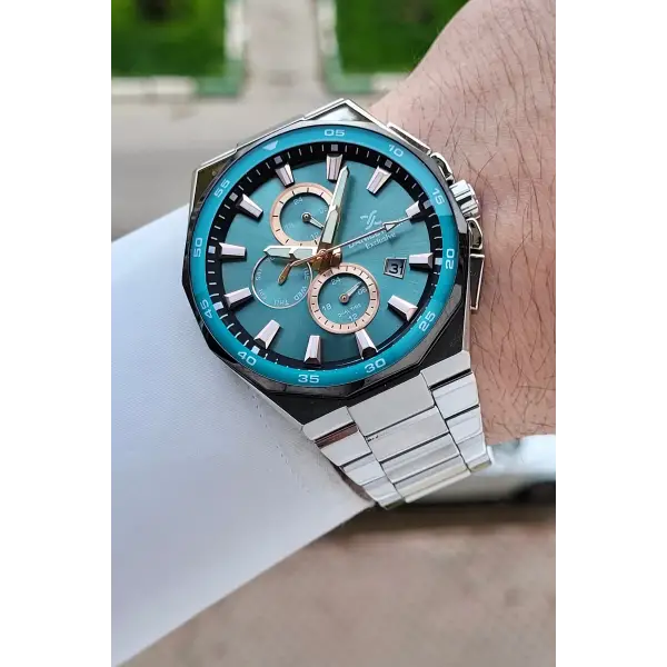 Kadranı Turkuaz Kordonu Gümüş Renk 43,5 Mm Erkek Kol Saati