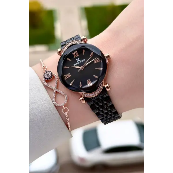 Kasası Rose Kordonu Siyah Renk 30 Mm Kadın Kol Saati ve Bileklik