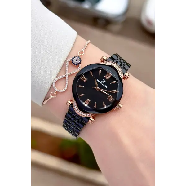 Kasası Rose Kordonu Siyah Renk 30 Mm Kadın Kol Saati ve Bileklik