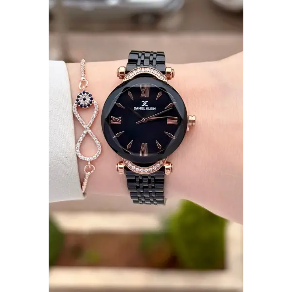 Kasası Rose Kordonu Siyah Renk 30 Mm Kadın Kol Saati ve Bileklik