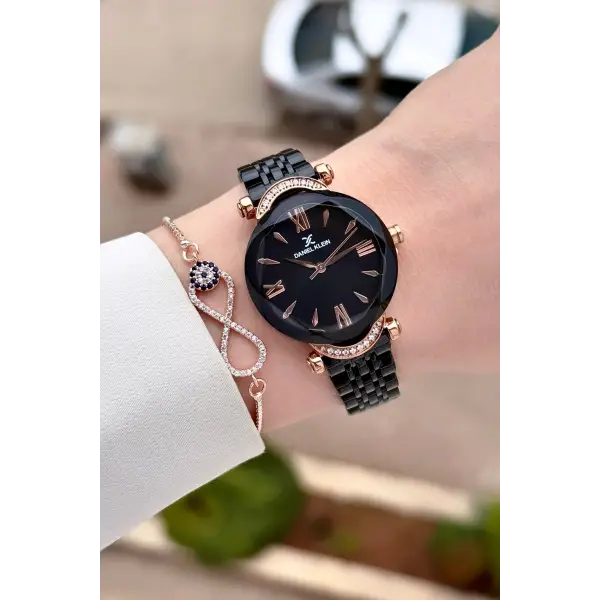 Kasası Rose Kordonu Siyah Renk 30 Mm Kadın Kol Saati ve Bileklik