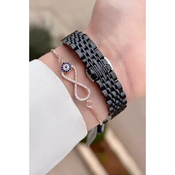 Kasası Rose Kordonu Siyah Renk 30 Mm Kadın Kol Saati ve Bileklik