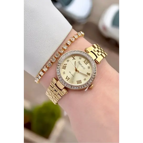 Gold Renk Kadın 30 Mm Kadın Kol Saati ve Hediye Bileklik