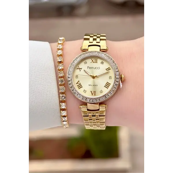 Gold Renk Kadın 30 Mm Kadın Kol Saati ve Hediye Bileklik