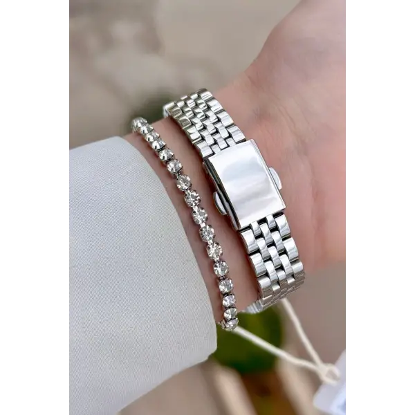 Kadranı Mavi Kordonu Gümüş Renk Kadın 30 Mm Kadın Kol Saati ve Hediye Bileklik