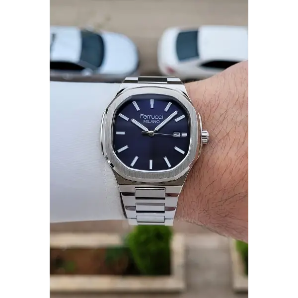 Kadranı Lacivert Kordonu Gümüş Renk 40 Mm Erkek Kol Saati