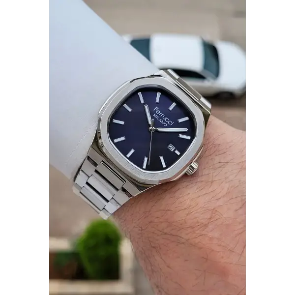 Kadranı Lacivert Kordonu Gümüş Renk 40 Mm Erkek Kol Saati