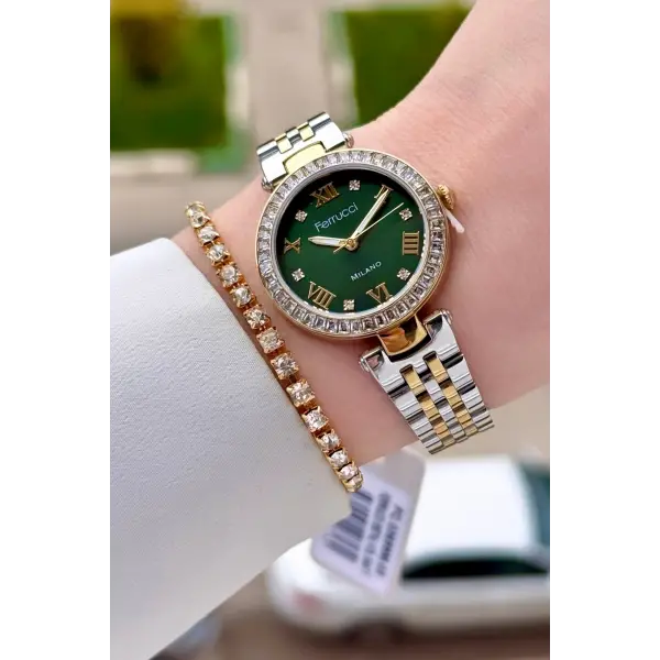 Kadranı Yeşil Kordonu Gold Gümüş Renk Kadın 30 Mm Kadın Kol Saati ve Hediye Bileklik