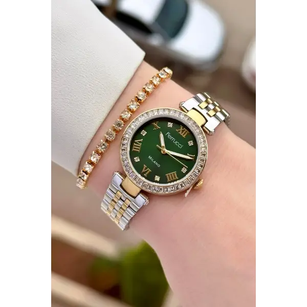 Kadranı Yeşil Kordonu Gold Gümüş Renk Kadın 30 Mm Kadın Kol Saati ve Hediye Bileklik