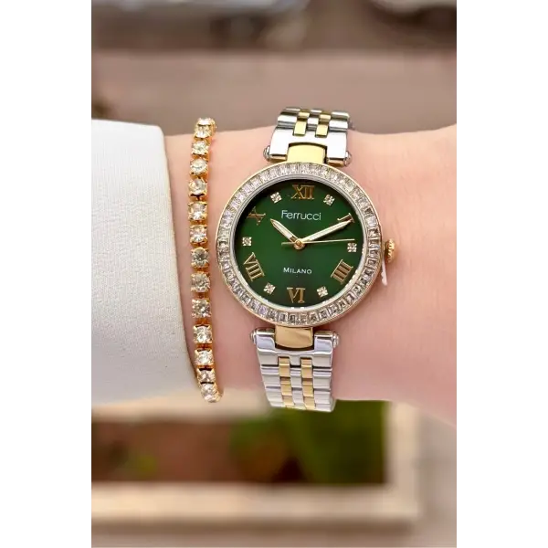 Kadranı Yeşil Kordonu Gold Gümüş Renk Kadın 30 Mm Kadın Kol Saati ve Hediye Bileklik