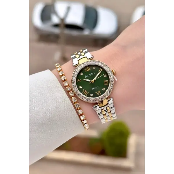 Kadranı Yeşil Kordonu Gold Gümüş Renk Kadın 30 Mm Kadın Kol Saati ve Hediye Bileklik