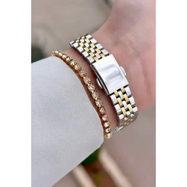 Kadranı Yeşil Kordonu Gold Gümüş Renk Kadın 30 Mm Kadın Kol Saati ve Hediye Bileklik