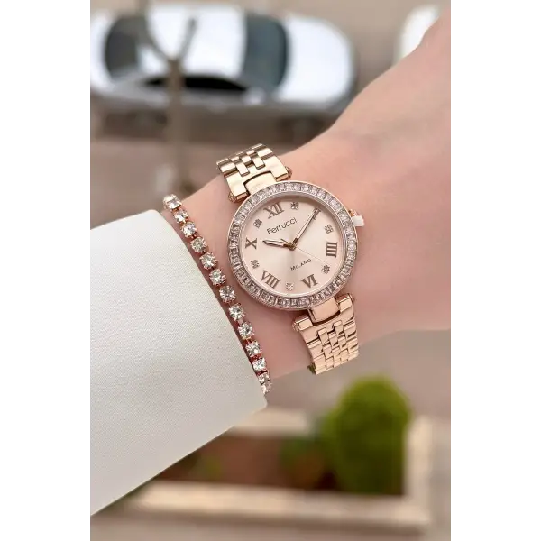 Rose Renk Kadın 30 Mm Kadın Kol Saati ve Hediye Bileklik