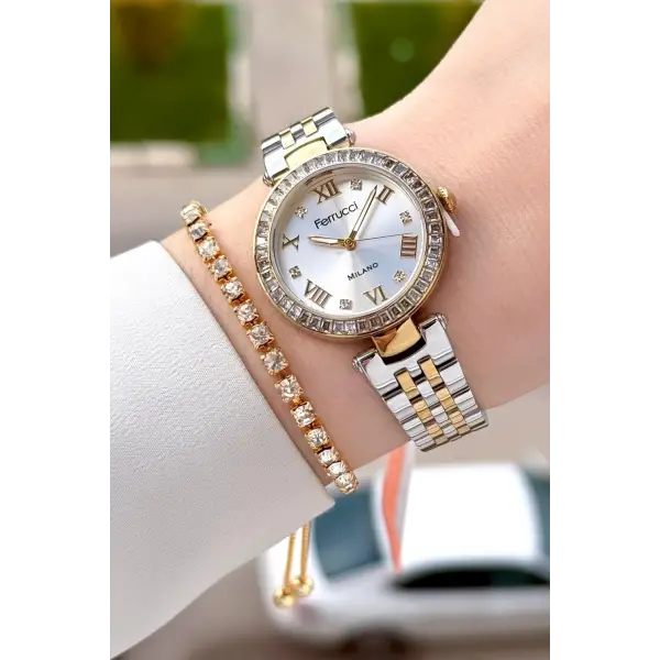 Gold Gümüş Renk Kadın 30 Mm Kadın Kol Saati ve Hediye Bileklik