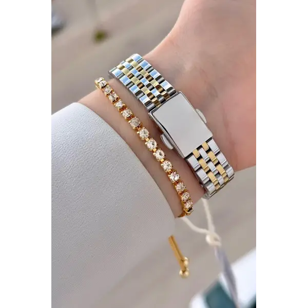 Gold Gümüş Renk Kadın 30 Mm Kadın Kol Saati ve Hediye Bileklik