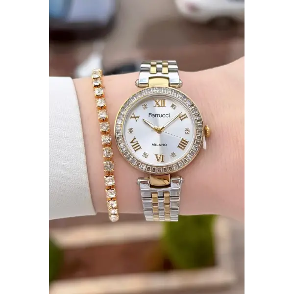 Gold Gümüş Renk Kadın 30 Mm Kadın Kol Saati ve Hediye Bileklik