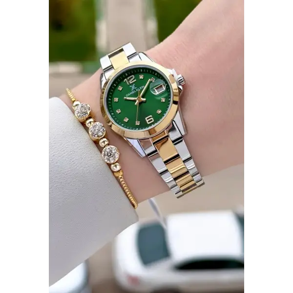 Kadranı Yeşil Kordonu Gold Gümüş Renk 28 mm Kadın Kol Saati ve Bileklik