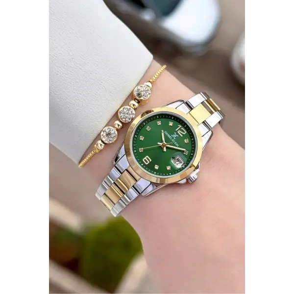Kadranı Yeşil Kordonu Gold Gümüş Renk 28 mm Kadın Kol Saati ve Bileklik