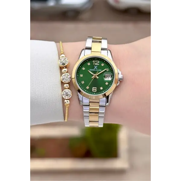 Kadranı Yeşil Kordonu Gold Gümüş Renk 28 mm Kadın Kol Saati ve Bileklik