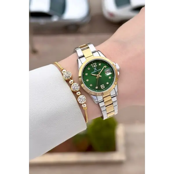 Kadranı Yeşil Kordonu Gold Gümüş Renk 28 mm Kadın Kol Saati ve Bileklik