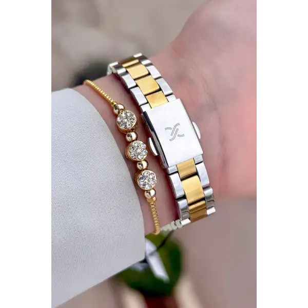 Kadranı Yeşil Kordonu Gold Gümüş Renk 28 mm Kadın Kol Saati ve Bileklik