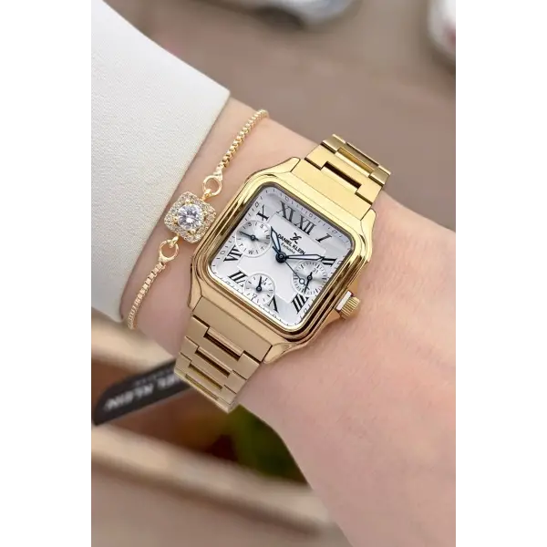 Gold Renk 28,5 mm İç Göstergeleri Aktif Hediye Paketli Kadın Kol Saati