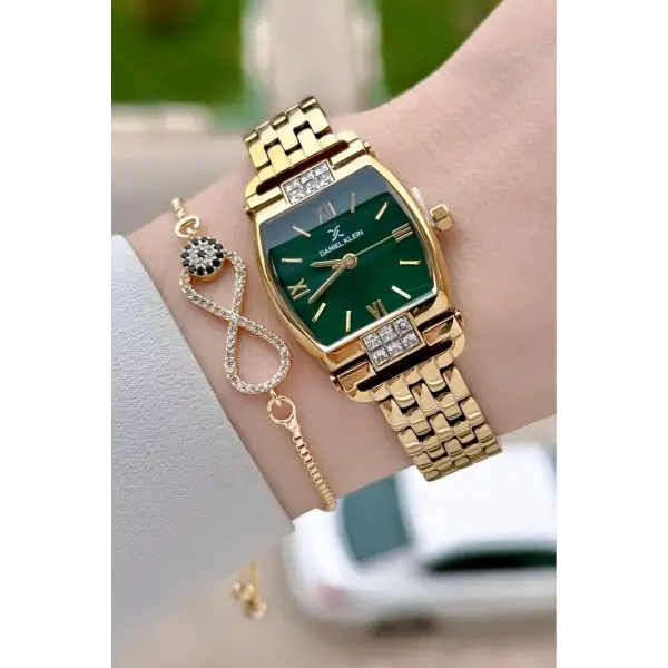 Kadranı Yeşil Kordonu Gold Renk 24 mm Hediye Paketli Kadın Kol Saati