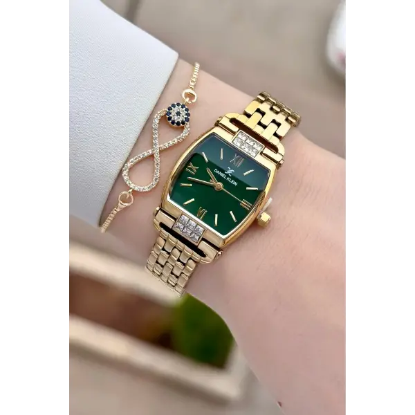 Kadranı Yeşil Kordonu Gold Renk 24 mm Hediye Paketli Kadın Kol Saati